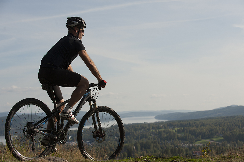 Bilden visar en man på cykel som står uppe på en höjd och kollar ut över Torsbys fina natur. 