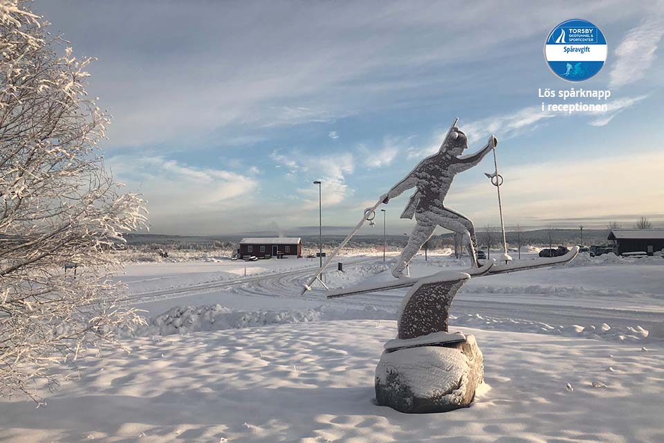 Bilden visar en snötäckt staty i form av en diagonalande skidåkare som står utanför skidtunneln en kall vinterdag. 