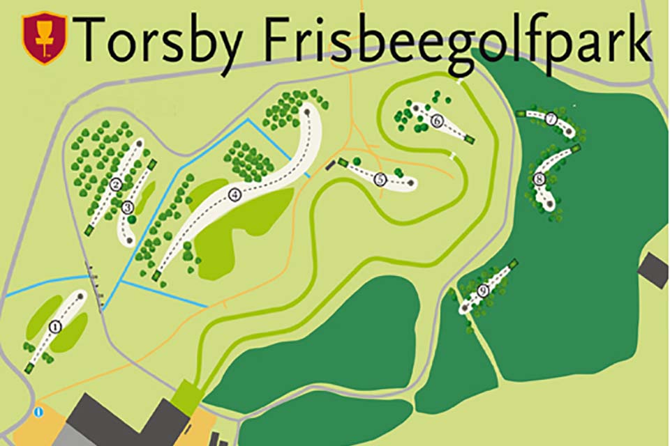 Bilden visar en karta över Torsby Frisbeegolfpark Front nine
